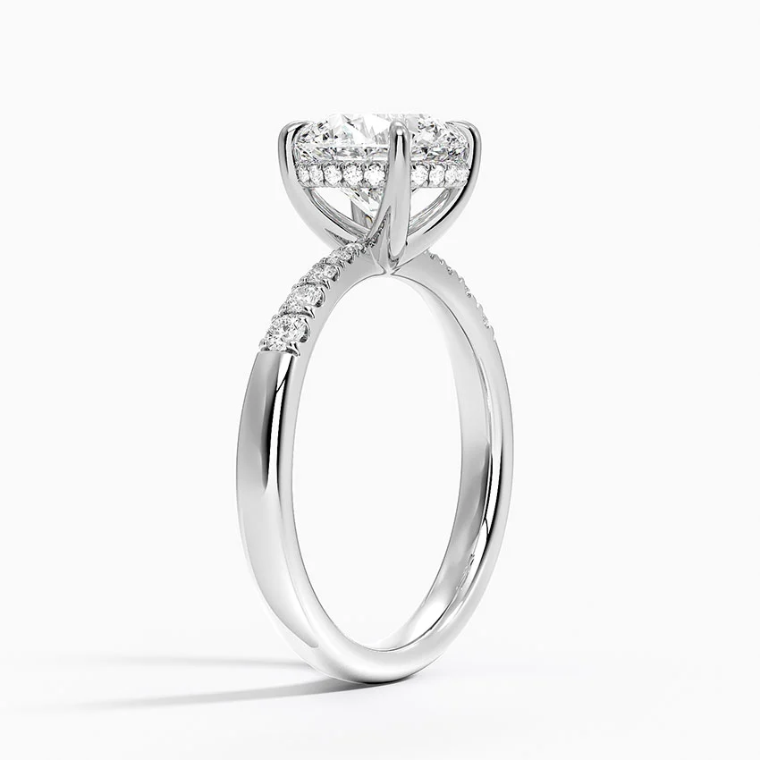 Round Cut Diamond Engagement Ring, 6 Prong Solitaire Ring with Pavé Band, Minimalist Bridal Ring