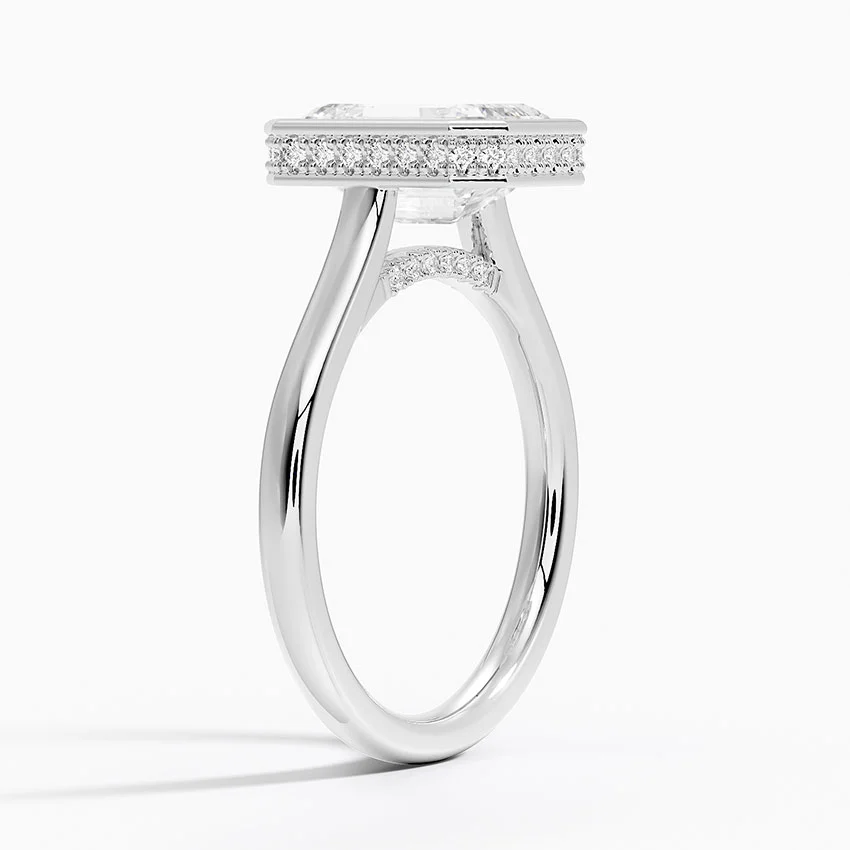 Emerald Cut Diamond Engagement Ring in Bezel Setting, Hidden Halo Split Shank Ring, Minimalist Luxury Ring