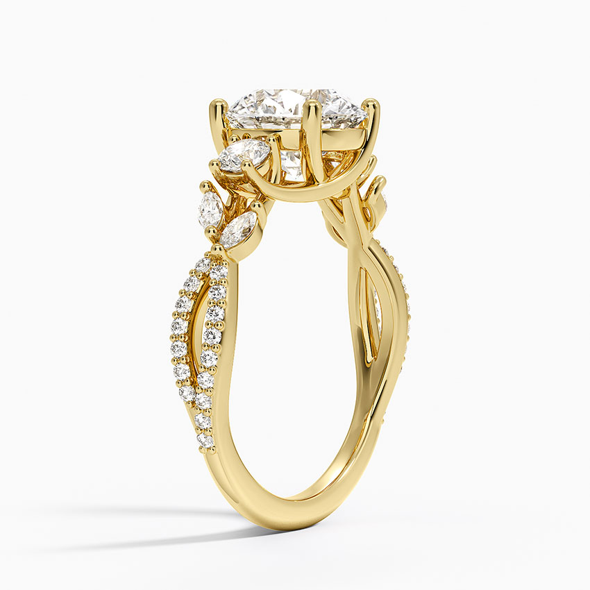 Round Cut Diamond Engagement Ring, Twisted Vine Band Ring, Floral Inspired Cluster Side Stones