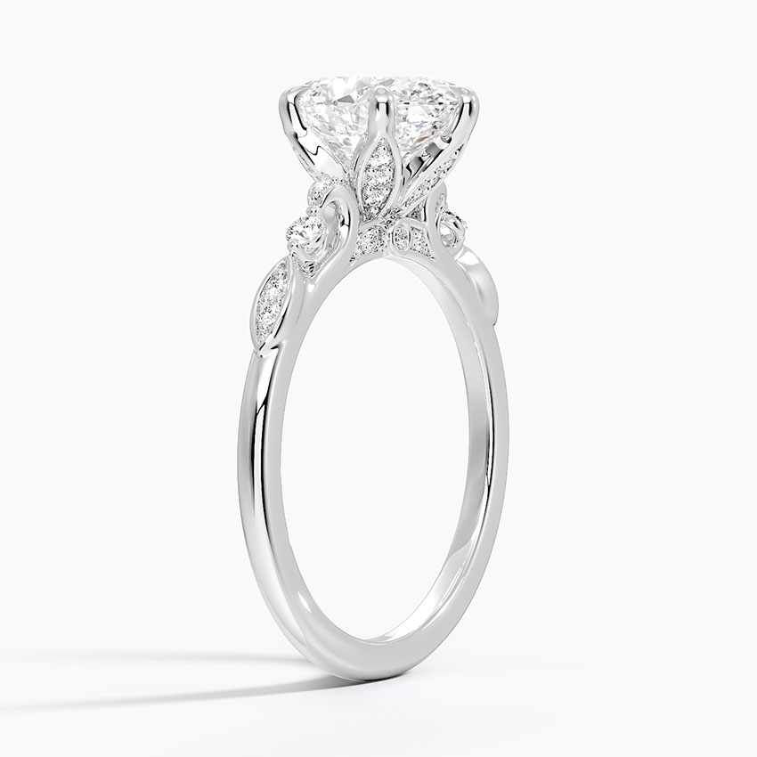 Oval Cut Diamond Engagement Ring, Leaf Inspired Pave Band, Nature Inspired Solitaire Ring