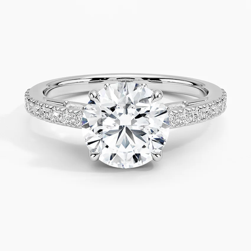 Round Cut Diamond Engagement Ring, Pavé Band Solitaire Ring, Minimalist Bridal Ring