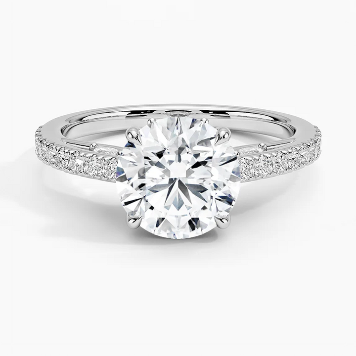 Round Cut Diamond Engagement Ring, Pavé Band Solitaire Ring, Minimalist Bridal Ring