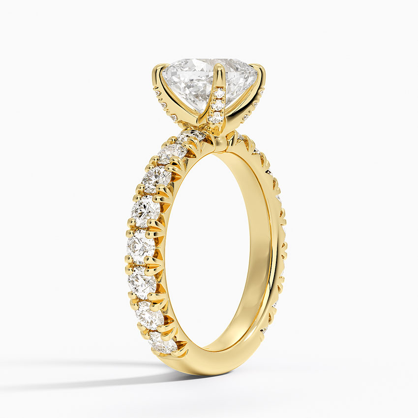 Cushion Cut Diamond Engagement Ring, Pave Diamond Band Ring, Solid Gold Promise Ring