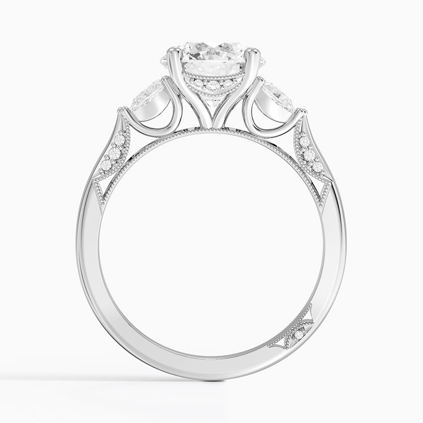 Round Brilliant Cut Diamond Engagement Ring with Pear Side Stones, plit Shank Milgrain Band