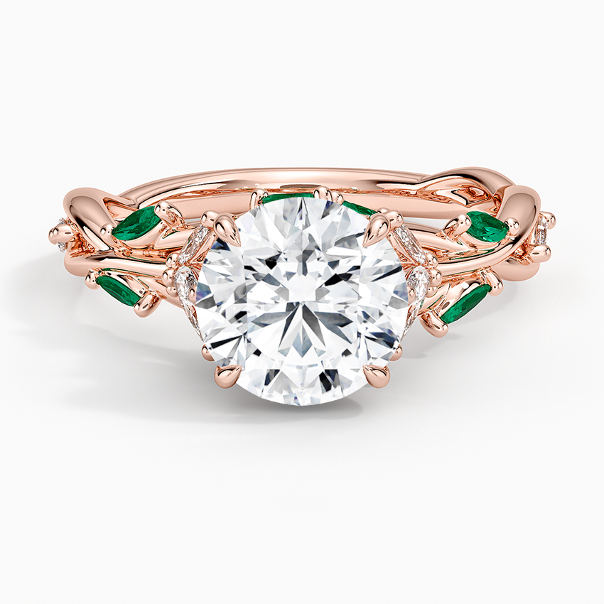 Vintage Nature Inspired Round Cut Moissanite Engagement Ring, Emerald Leaf Vine Ring, Solid Gold Floral Bridal Ring, Unique Wedding Ring