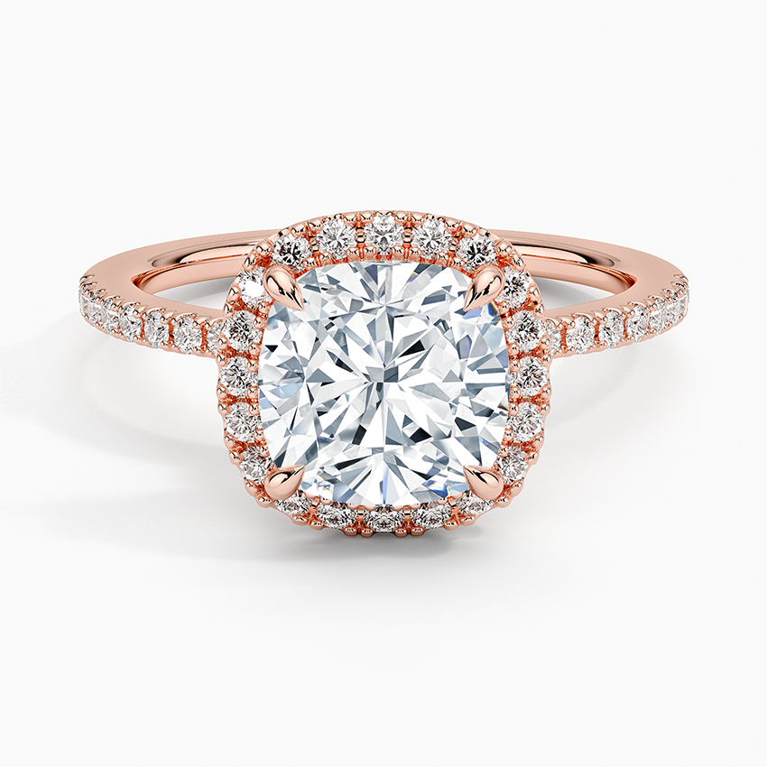 Cushion Cut Halo Diamond Engagement Ring, Pave Band Wedding Ring, Classic Bridal Ring
