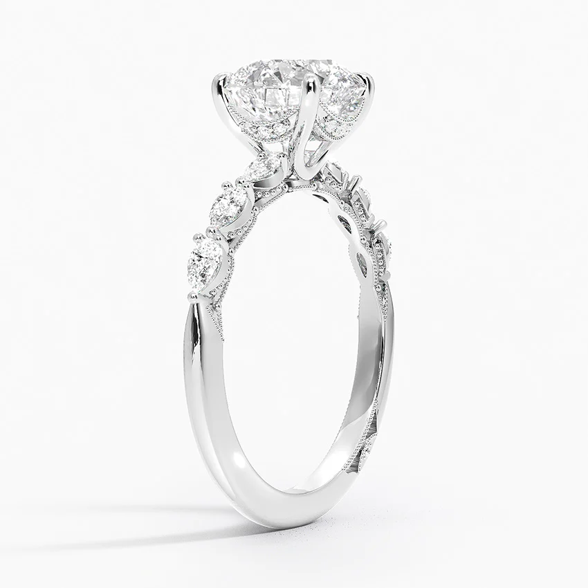 Round Cut Solitaire Diamond Engagement Ring, Twisted Vine Band with Accent Stones, Nature Inspired Bridal Ring