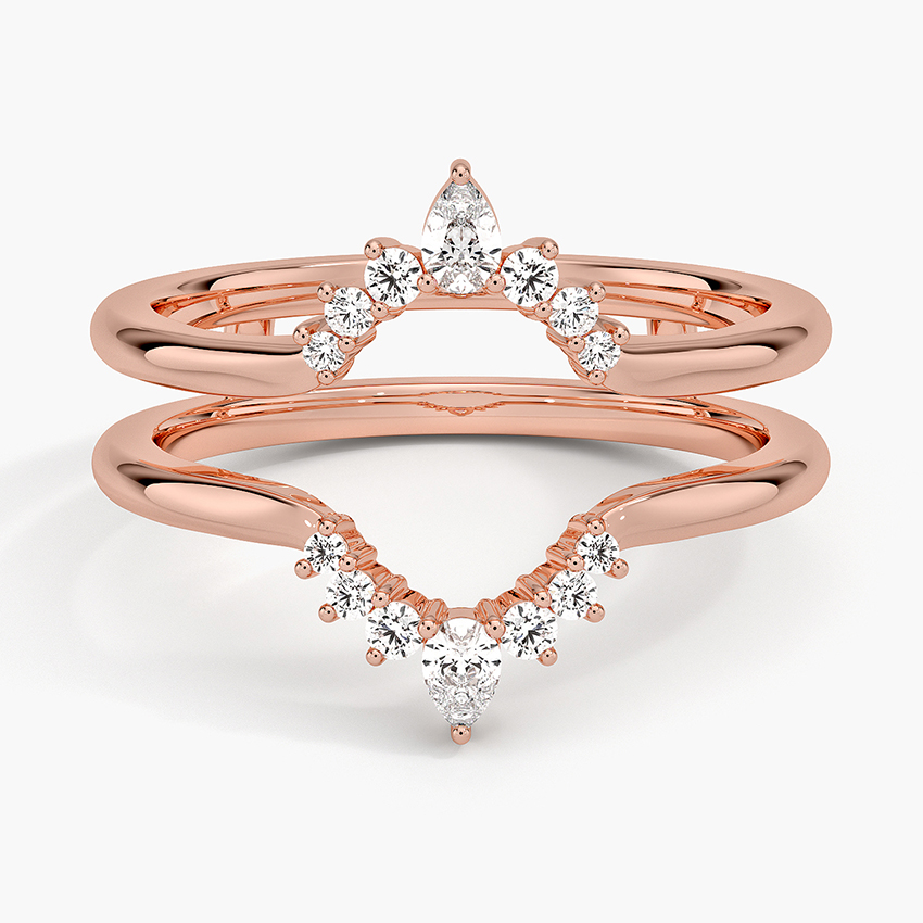 Crown Diamond Ring Set, Pear Shaped Diamond Wedding Band Set, Curved V Stackable Ring