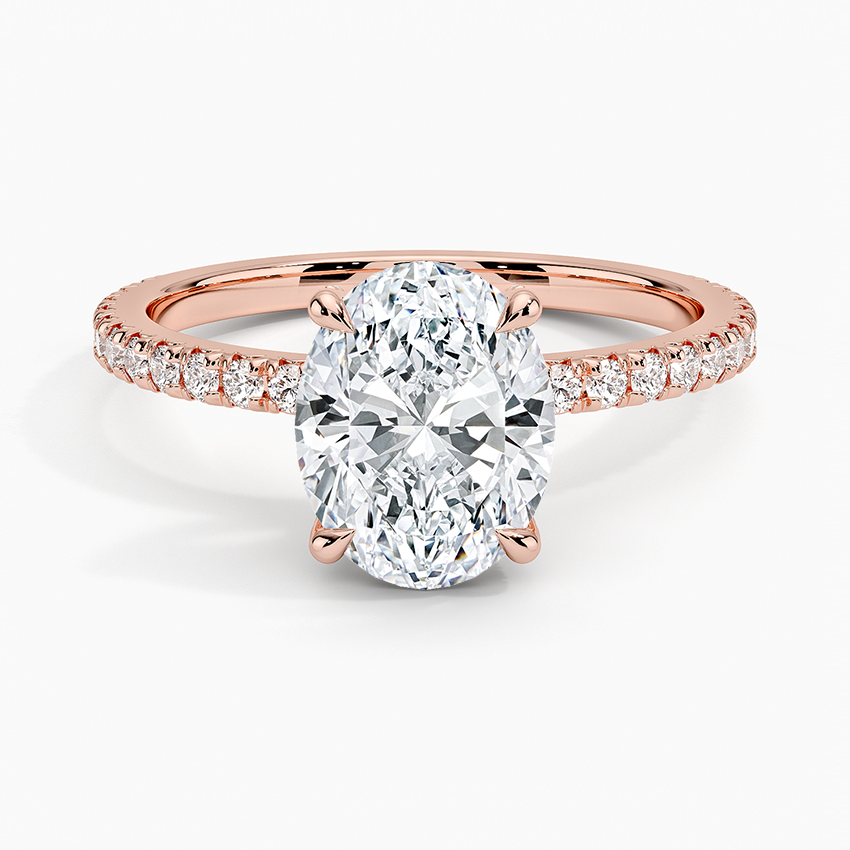 Oval Cut Diamond Engagement Ring with Pavé Band, 4-Prong Solitaire Ring, Minimalist Bridal Ring