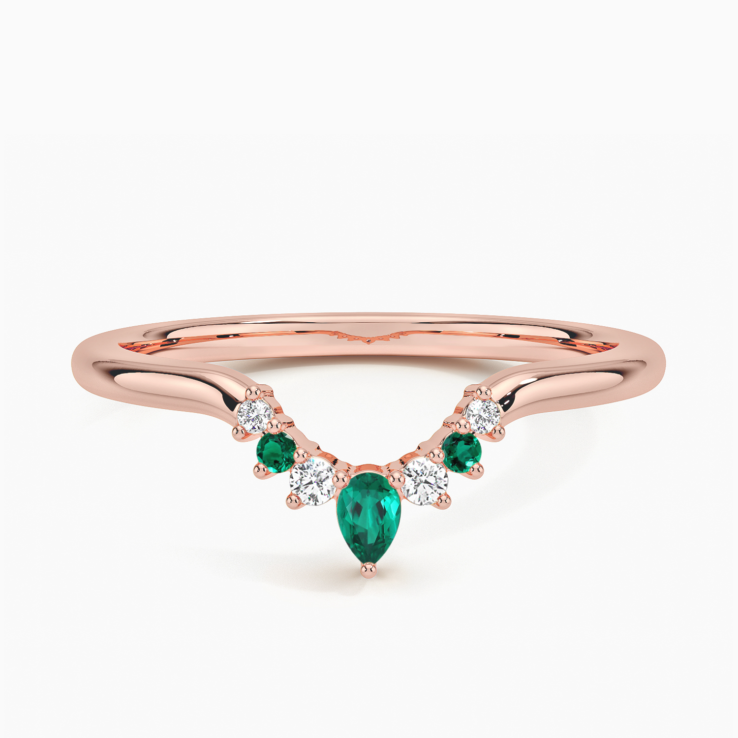 Emerald & Diamond Curved V Band Ring, Pear Emerald Chevron Wedding Band, Contour Stacking Ring