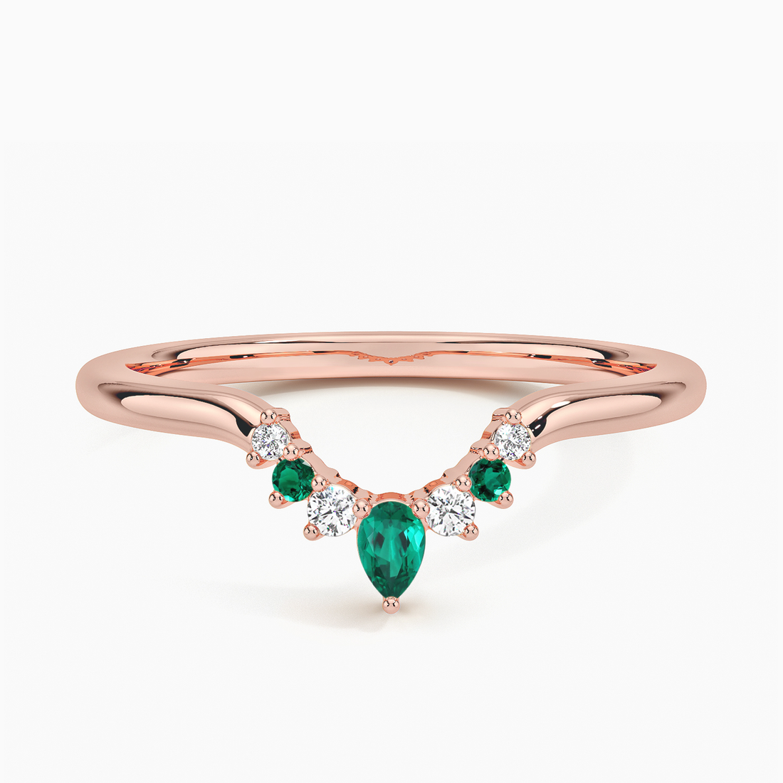 Emerald & Diamond Curved V Band Ring, Pear Emerald Chevron Wedding Band, Contour Stacking Ring