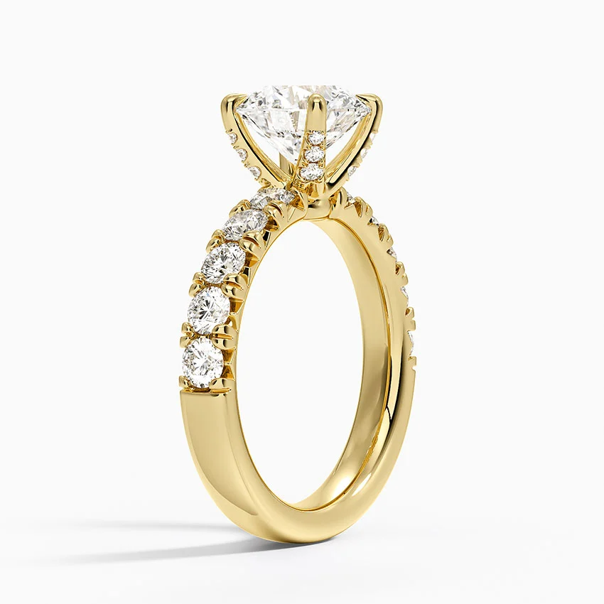Round Cut Moissanite Engagement Ring, Diamond Pave Band Ring, Hidden Halo Style Bridal Ring