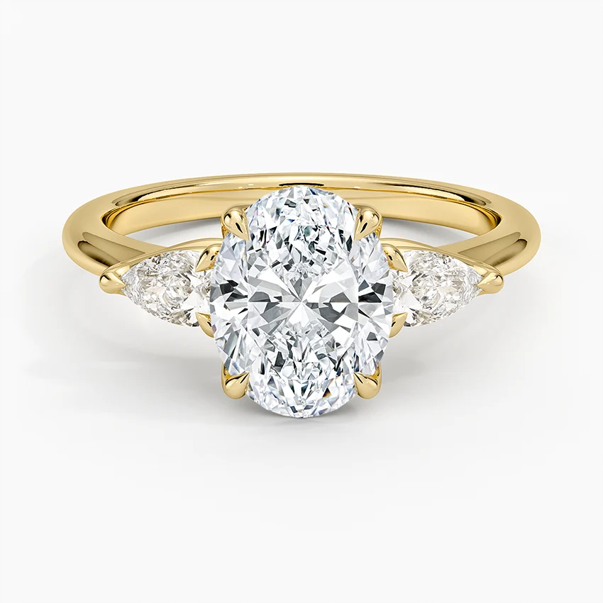 Oval Cut Diamond Three Stone Engagement Ring, Marquise Side Stones, Solid Gold Ring