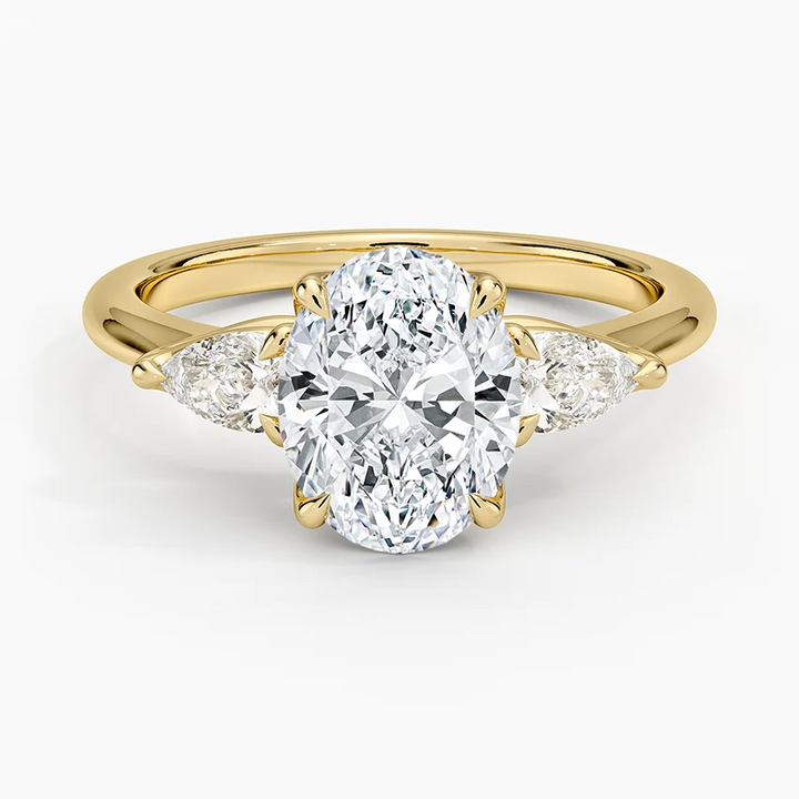 Oval Cut Diamond Three Stone Engagement Ring, Marquise Side Stones, Solid Gold Ring