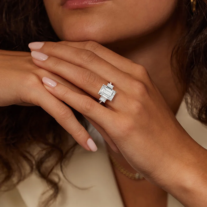 Emerald Cut Diamond Three Stone Engagement Ring, 3 Stone Emerald Cut Ring, Minimalist Luxury Bridal Ring