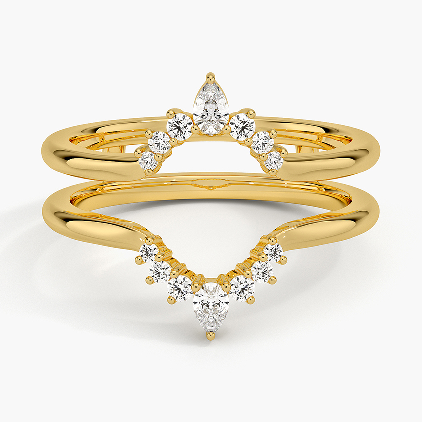 Crown Diamond Ring Set, Pear Shaped Diamond Wedding Band Set, Curved V Stackable Ring