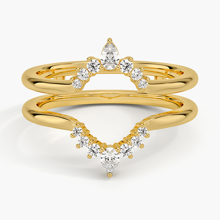 Crown Diamond Ring Set, Pear Shaped Diamond Wedding Band Set, Curved V Stackable Ring