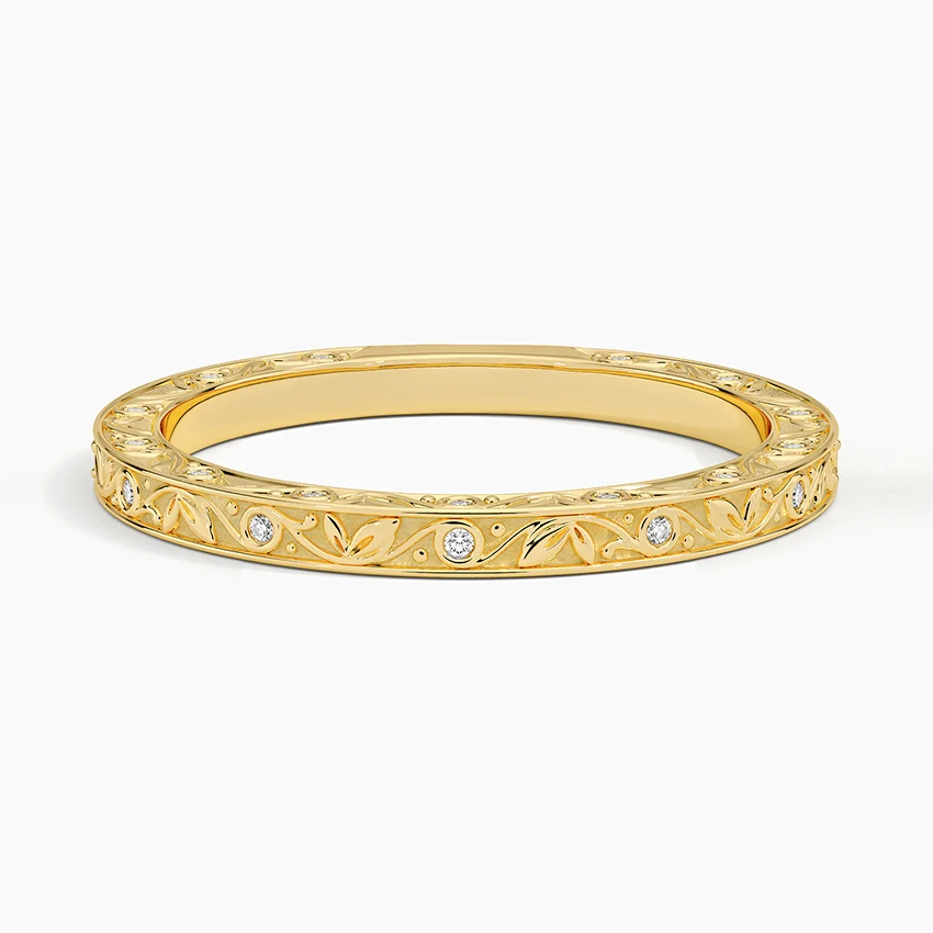 Vintage Engraved Diamond Wedding Band, Floral Milgrain Diamond Ring, Stackable Minimalist Wedding Ring