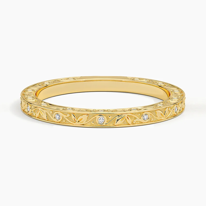 Vintage Engraved Diamond Wedding Band, Floral Milgrain Diamond Ring, Stackable Minimalist Wedding Ring