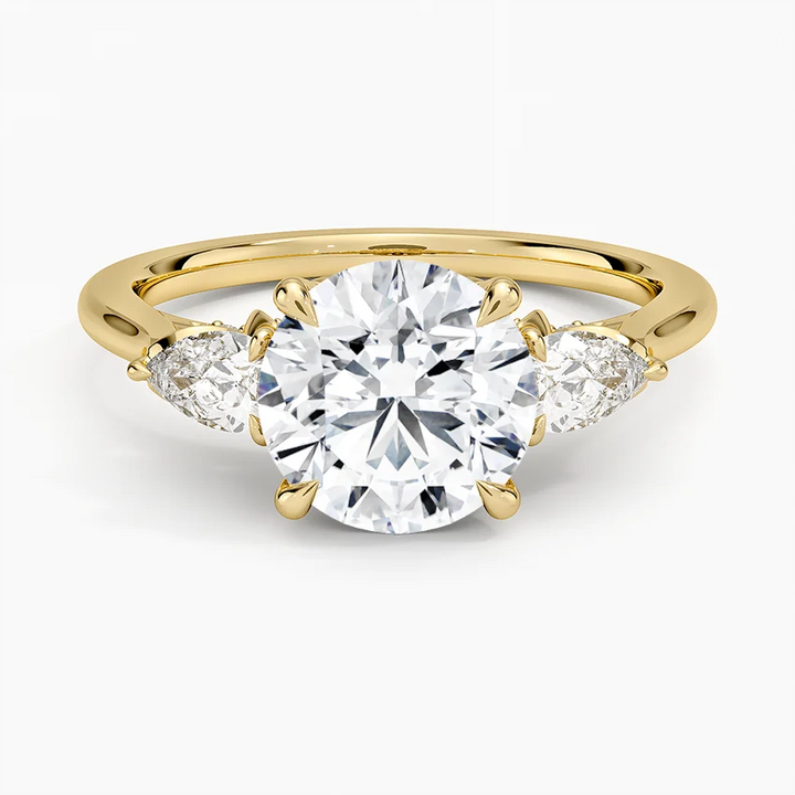 Round Cut Three Stone Diamond Engagement Ring, Marquise Side Stones, Minimalist Bridal Ring