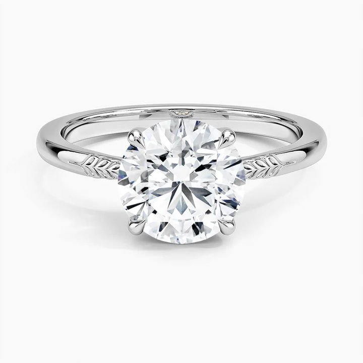 Nature-Inspired Leaf Detail Round Solitaire Diamond Engagement Ring