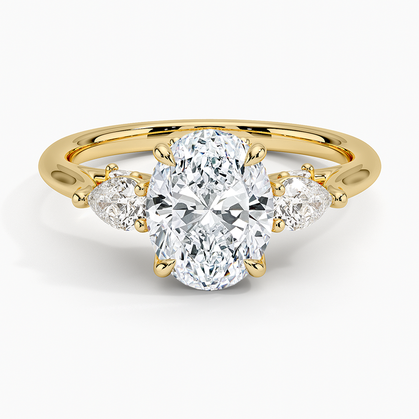 Oval Cut Diamond Three Stone Engagement Ring, Pear Side Stones Ring, Solid Gold Promise Ring