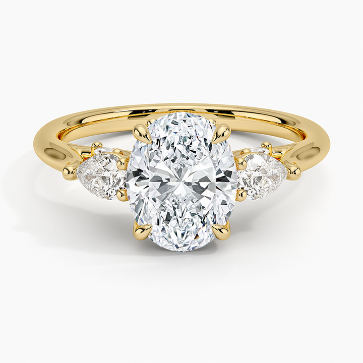 Oval Cut Diamond Three Stone Engagement Ring, Pear Side Stones Ring, Solid Gold Promise Ring