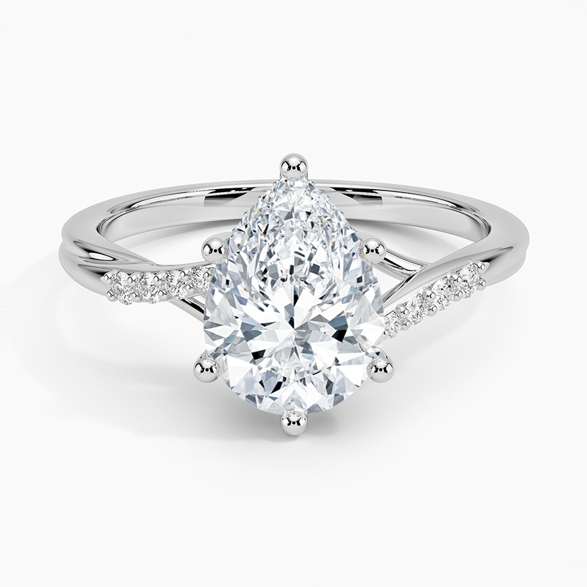 Pear Cut Diamond Engagement Ring, Twisted Split Shank Ring, Pave Band Solitaire Ring