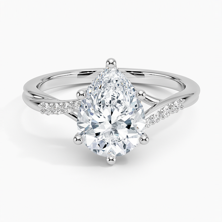 Pear Cut Diamond Engagement Ring, Twisted Split Shank Ring, Pave Band Solitaire Ring