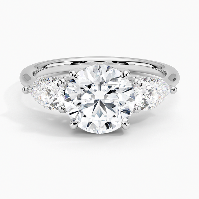 Round Cut Three Stone Diamond Engagement Ring, Marquise Side Stones Ring, Minimalist Bridal Ring