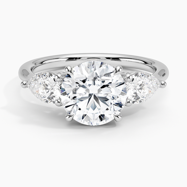 Round Cut Three Stone Diamond Engagement Ring, Marquise Side Stones Ring, Minimalist Bridal Ring