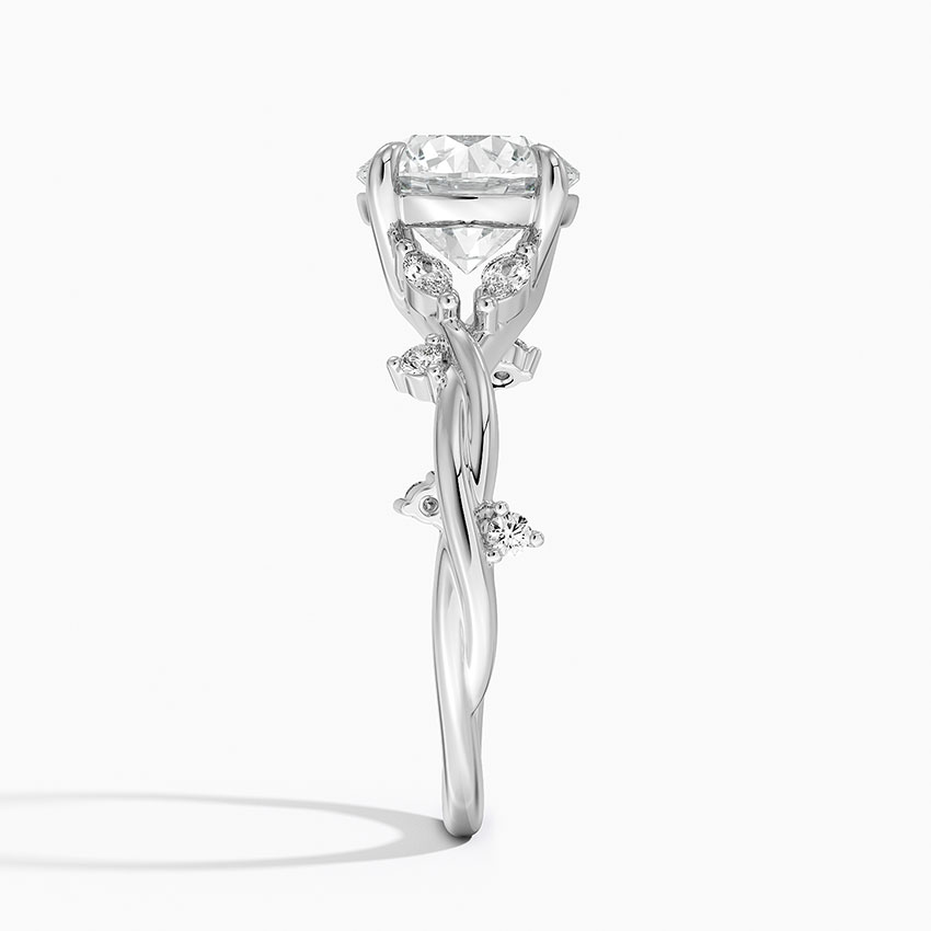 Twisted Vine Moissanite Engagement Ring, Round Cut Solitaire with Leaf Side Stones, Nature Inspired Gold Ring