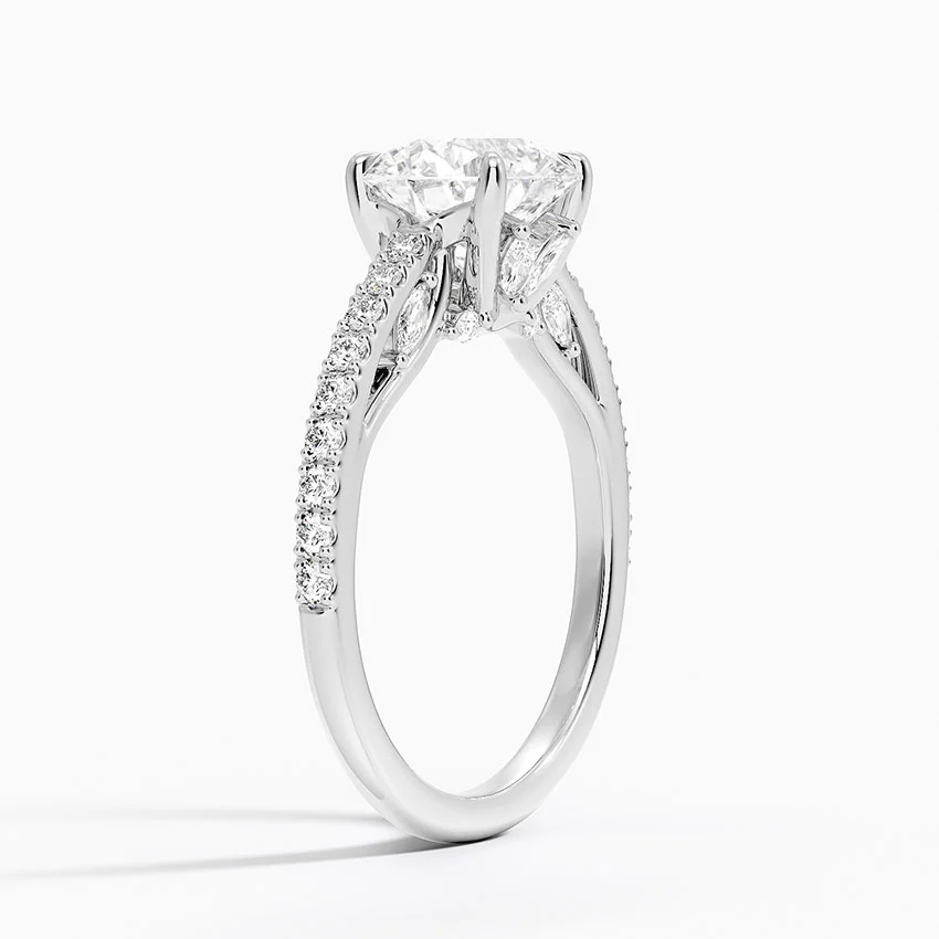 Round Cut Diamond Engagement Ring, Pavé Band Solitaire Ring, Minimalist Bridal Ring