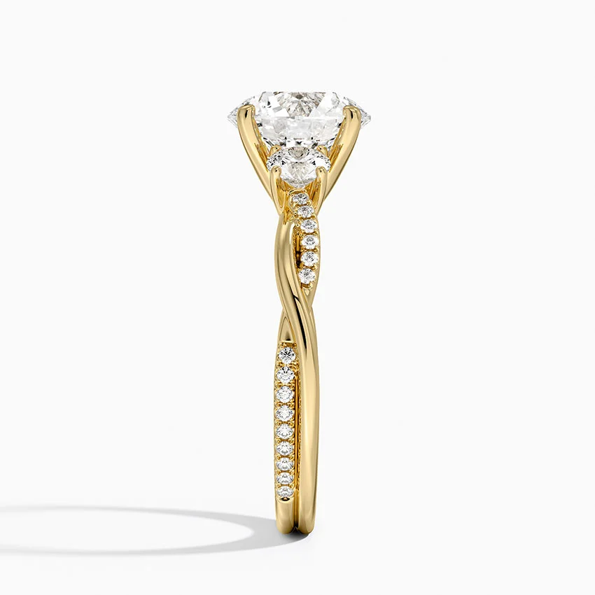 Round Cut Diamond Engagement Ring, Twisted Three Stone Ring, Pavé Band Promise Ring