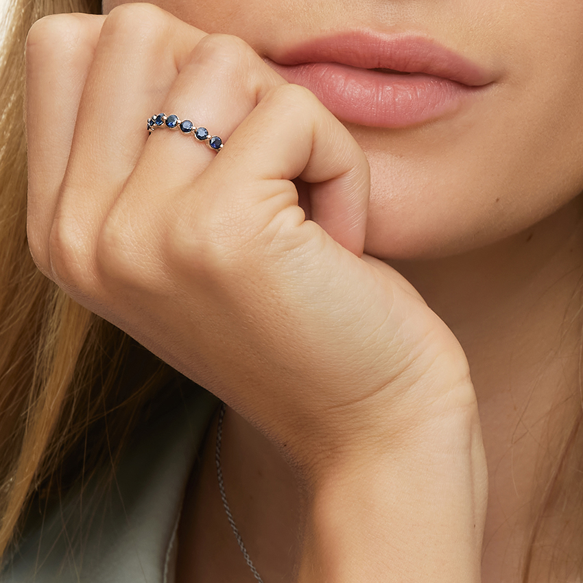 Blue Sapphire Diamond Eternity Band Ring, Round Cut Blue Gemstone Wedding Band, Anniversary Gift for Her
