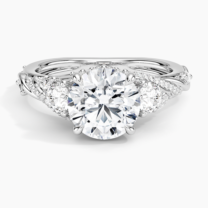 Round Brilliant Cut Diamond Engagement Ring, Twisted Vine Three Stone Ring, Floral Side Diamond Ring
