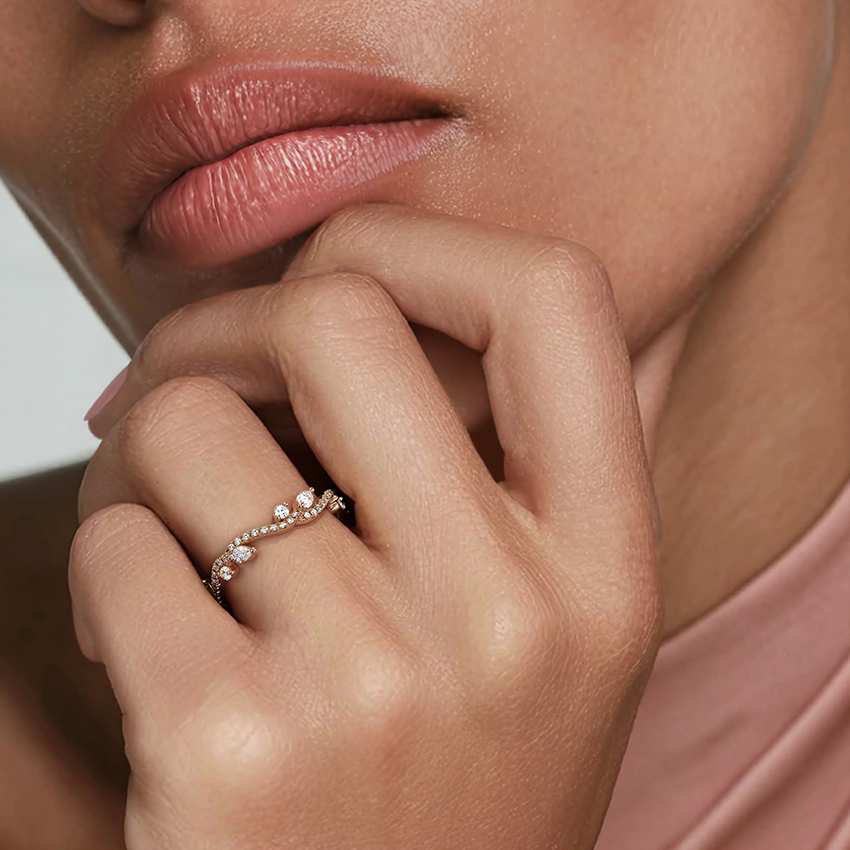 Chevron Diamond Wedding Band, Curved V Shaped Diamond Ring, Marquise & Round Diamond Stacking Ring