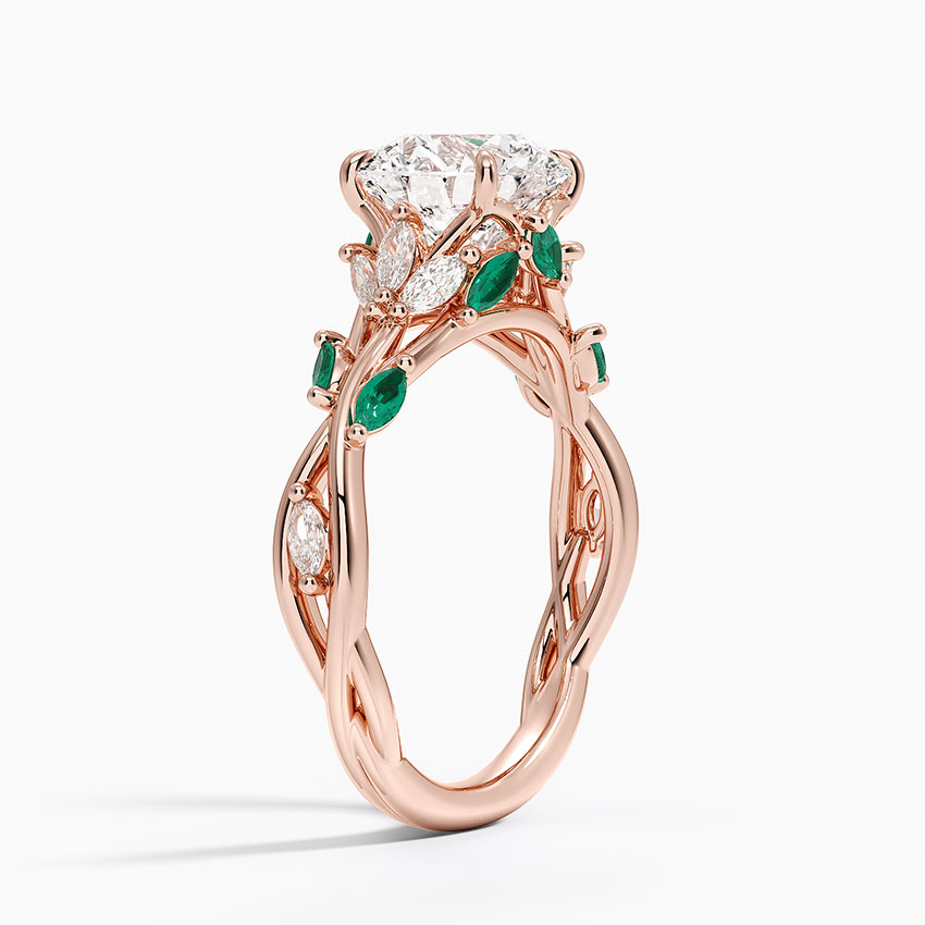 Vintage Nature Inspired Round Cut Moissanite Engagement Ring, Emerald Leaf Vine Ring, Solid Gold Floral Bridal Ring, Unique Wedding Ring