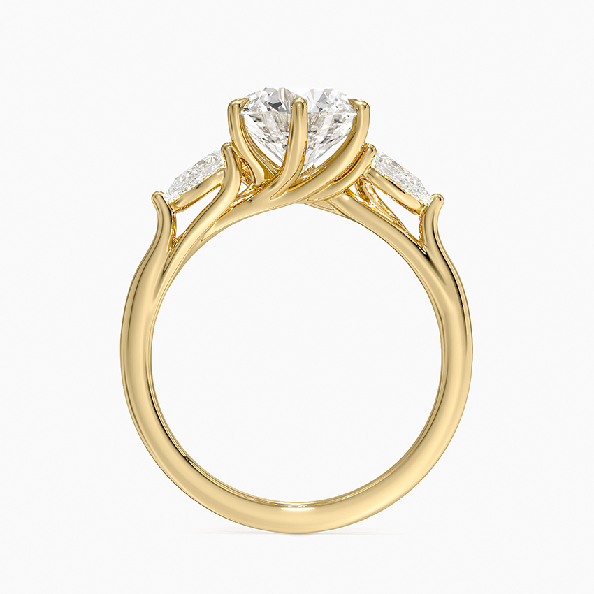 Round Cut Moissanite Engagement Ring with Pear Side Stones, 3 Stone Diamond Ring, Solid Gold Promise Ring