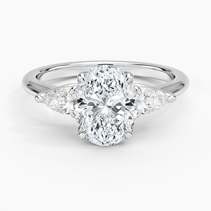Oval Cut Diamond Three Stone Engagement Ring, Marquise Side Stones, Solid Gold Ring