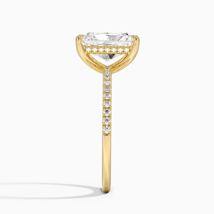 Radiant Cut Diamond Engagement Ring, Hidden Halo Pavé Band Ring, Thin Gold Solitaire Ring