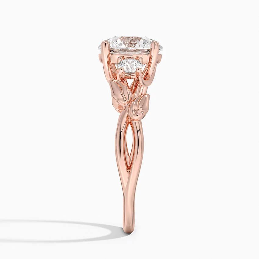 Nature-Inspired Round Cut Diamond Engagement Ring,Leaf Vine Three Stone Ring, Solid Gold Promise Ring for Women
