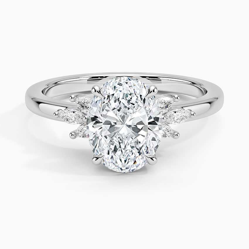 Oval Cut Diamond Engagement Ring with Marquise Side Stones, Solid Gold Promise Ring, Unique Leaf Cluster Bridal Ring