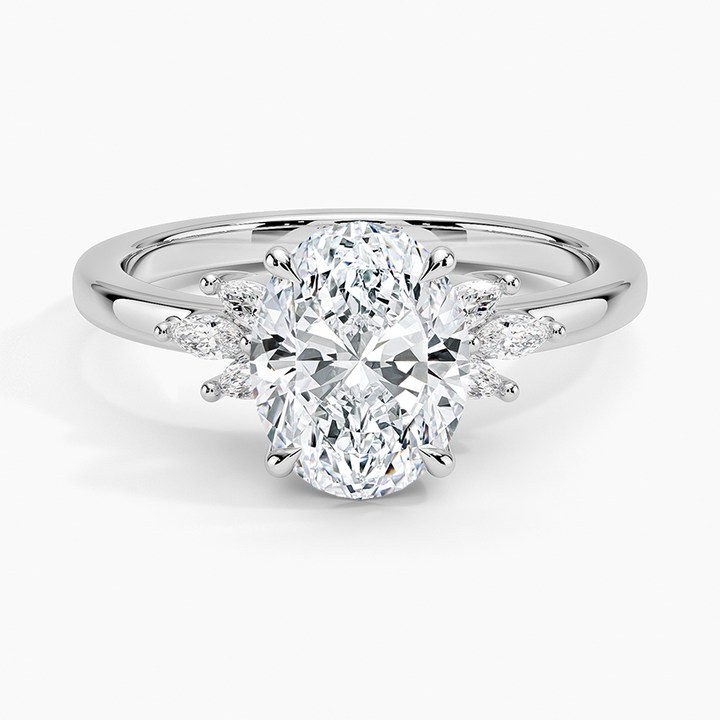 Oval Cut Diamond Engagement Ring with Marquise Side Stones, Solid Gold Promise Ring, Unique Leaf Cluster Bridal Ring