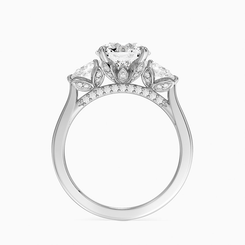 Round Cut Three Stone Diamond Engagement Ring, Marquise Side Stones, Minimalist Bridal Ring