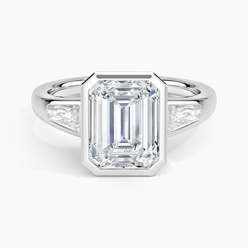 Emerald Cut Diamond Engagement Ring, Bezel Set Solitaire Ring, Tapered Side Stone Ring