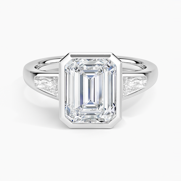 Emerald Cut Diamond Engagement Ring, Bezel Set Solitaire Ring, Tapered Side Stone Ring