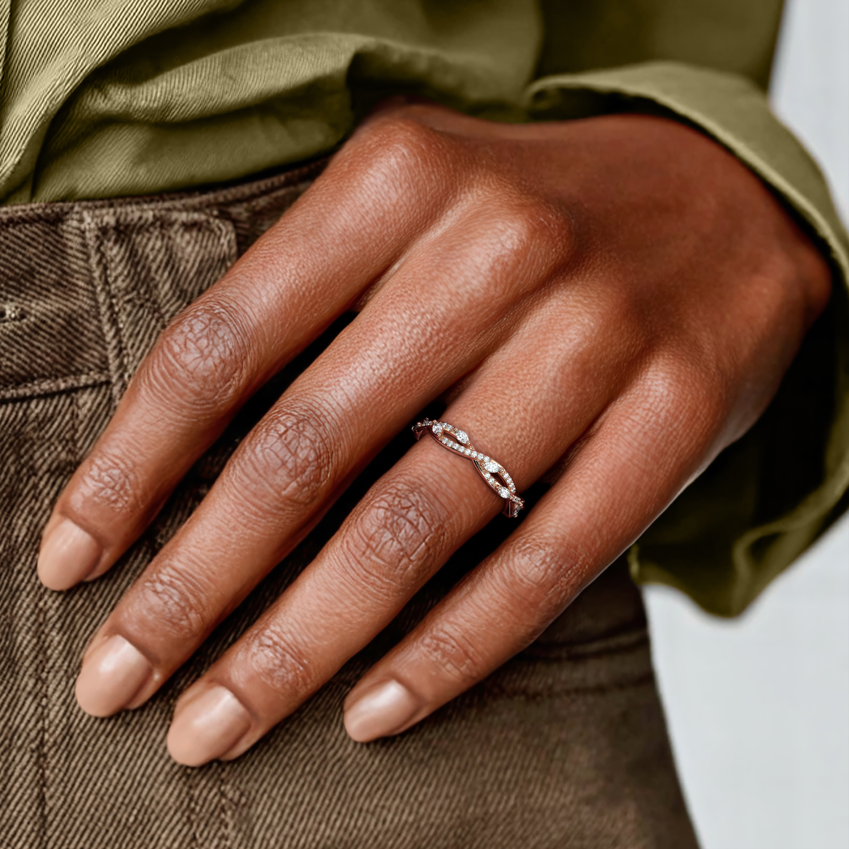 Infinity Twist Diamond Ring, Marquise & Round Diamond Wedding Band, Stackable Promise Ring