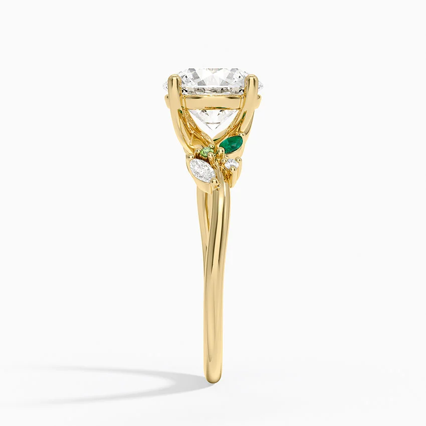 Round Cut Moissanite Engagement Ring with Emerald Leaf Side Stones, Nature Inspired Bridal Ring, Solid Gold Solitaire Ring (Copy)