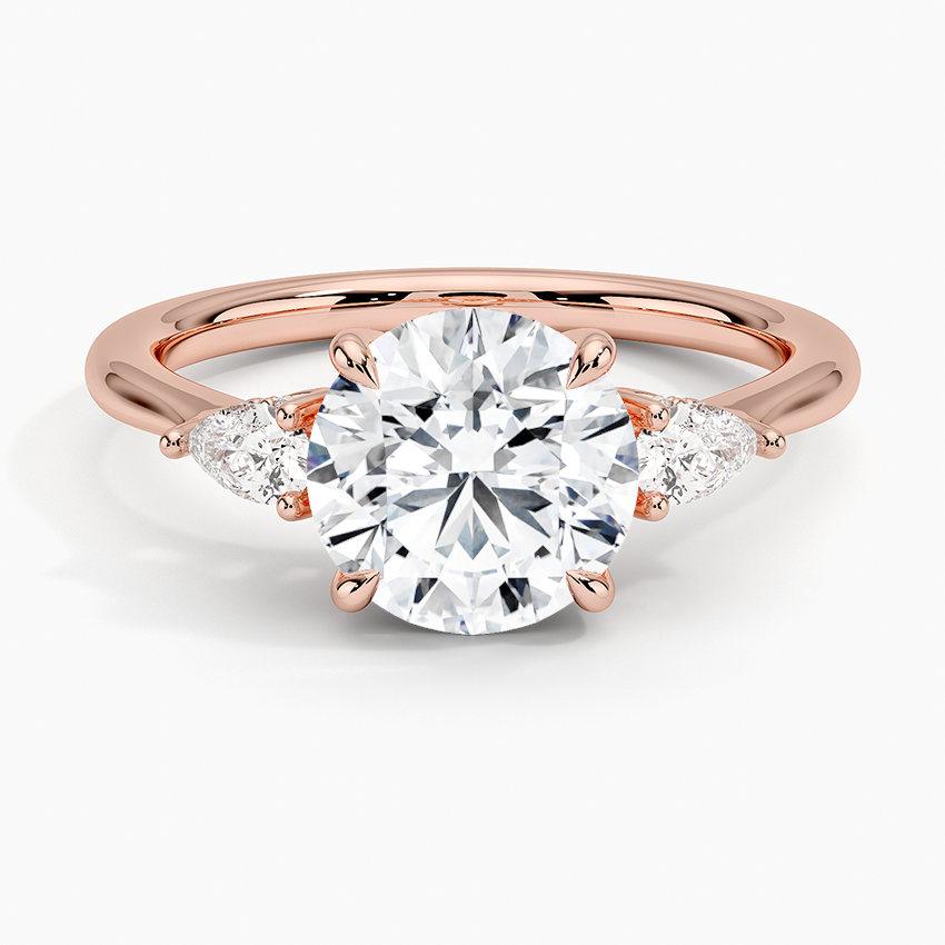 Round Cut Diamond Engagement Ring, Three Stone Pear Side Diamond Ring, Minimalist Solitaire Ring